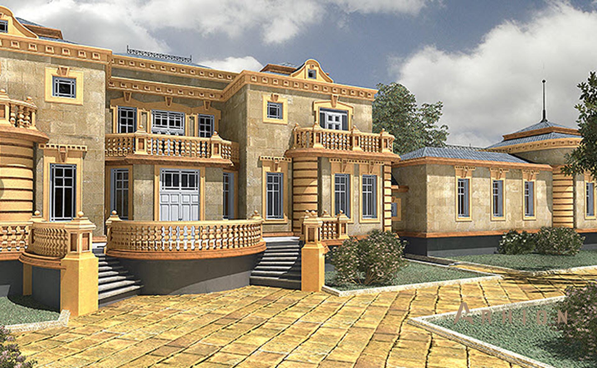 3. Проект двухэтажного дома в замковом стиле с многоскатной кровлей, SOV-9, площадью - 959 кв c цокольным этажом, сауной, терассой, балконом